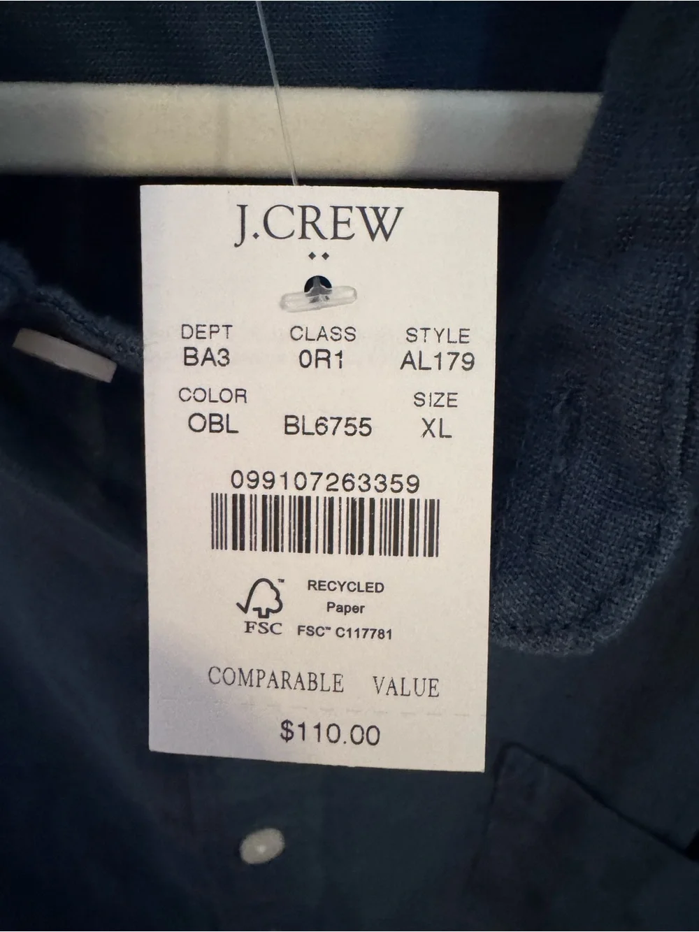 J.Crew Men's 80%Linen/20%Cotton Long Sleeve Shirt
